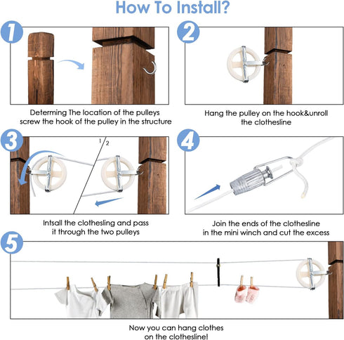 TooTaci Outdoor Clothesline Kit, 5" Nylon Clothes Line Pulley Kit, 150ft Clothesline Pulley Kit, Polyester Clothesline Rope Heavy Duty, Clotheslines S Separator Spreader, Clothesline Tightener, Hook
